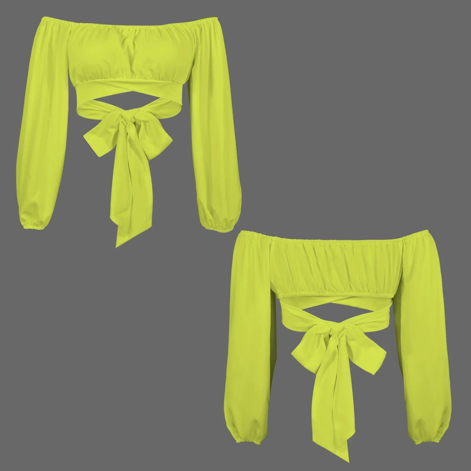 Off Shoulder Long Sleeve Cross Tie Back Crop Blouse