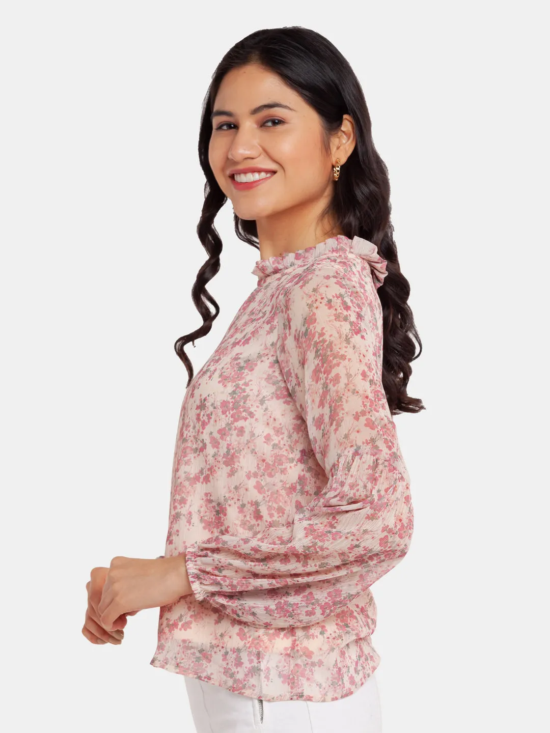 Off White Printed Puff Sleeve Top