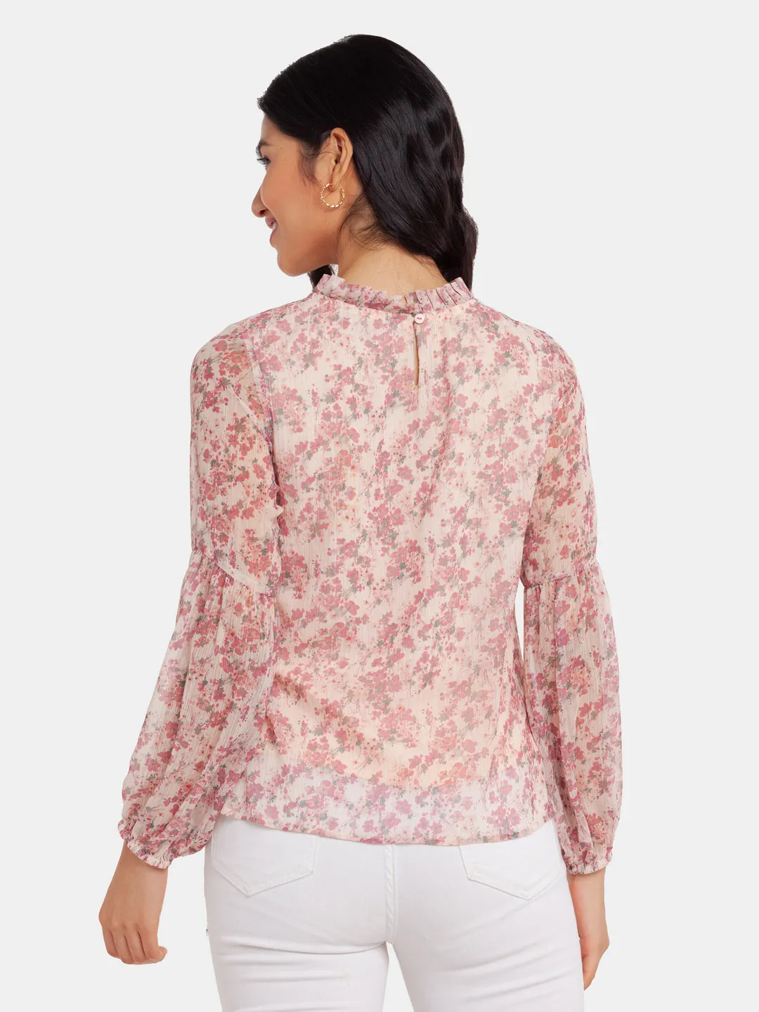Off White Printed Puff Sleeve Top