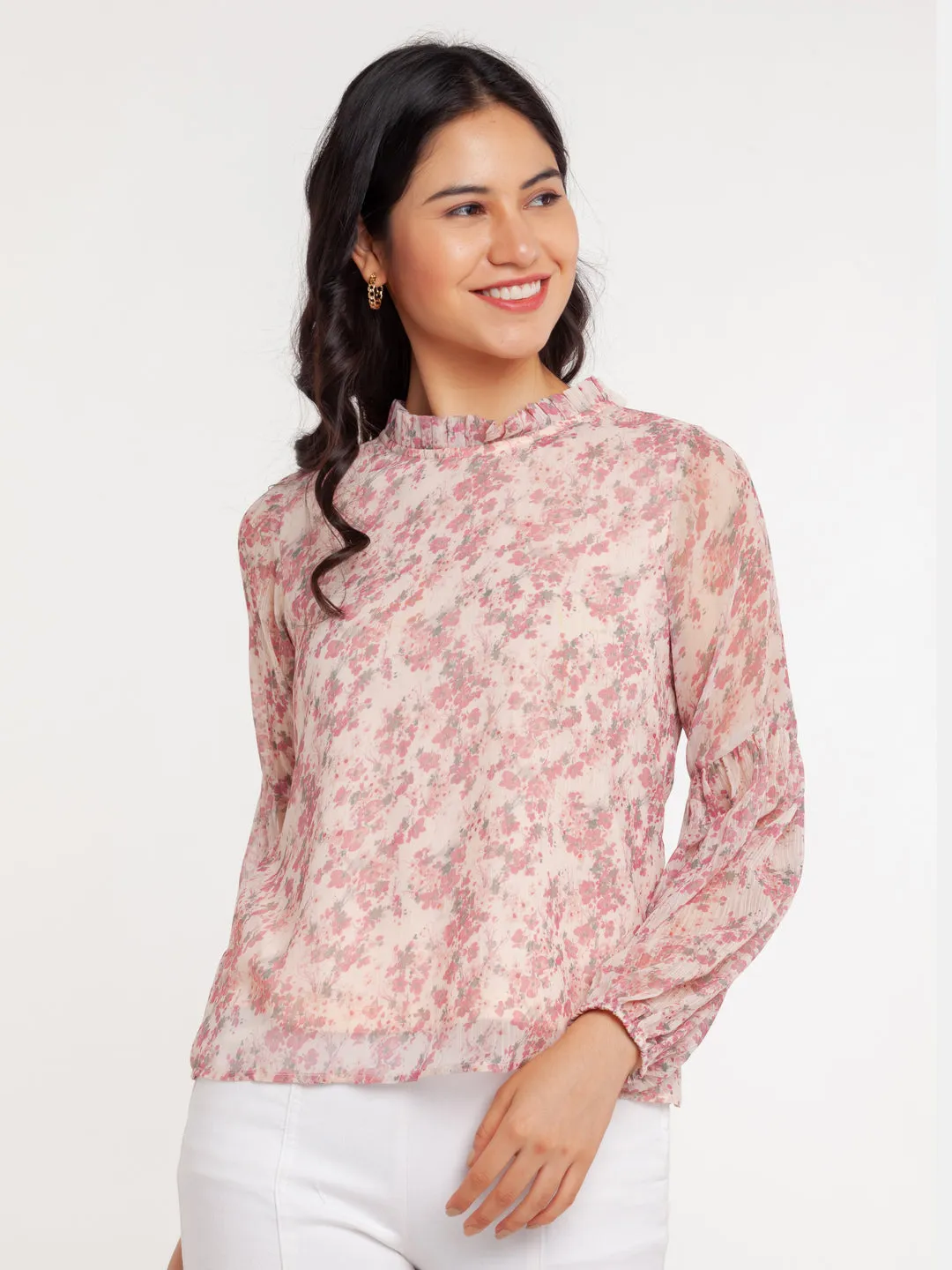 Off White Printed Puff Sleeve Top