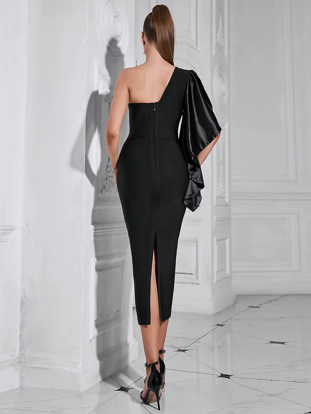 One Shoulder Horn Cuffs Midi Bandage Dress HB100292