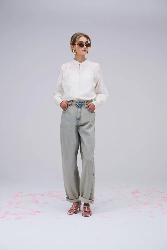 Piab Sagari Cream Embroidered Lace Blouse With Mandarin Collar