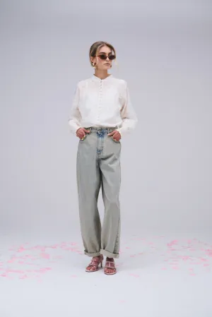 Piab Sagari Cream Embroidered Lace Blouse With Mandarin Collar
