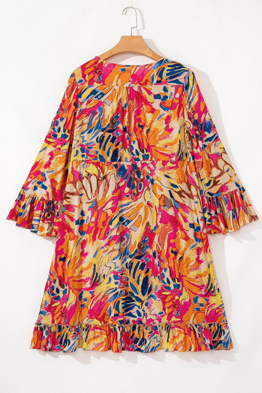 Pink Plant Print Flared Sleeve Ruffled Hem Tunic High Waist Flowy Dress