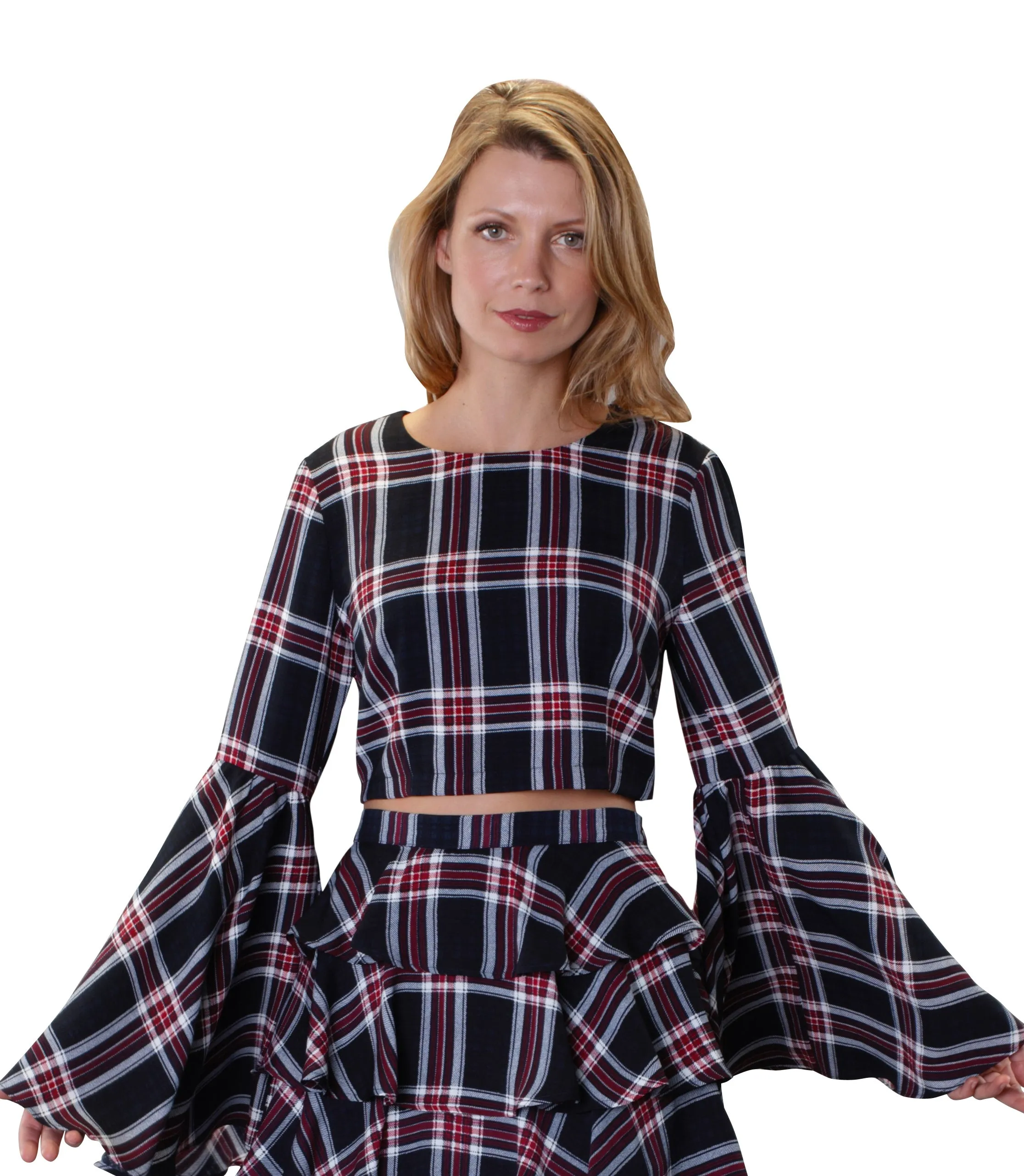 Plaid Bell Sleeve Top -8531