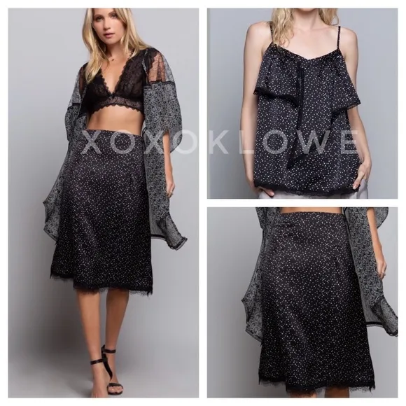 POL Black Satin Polka Dot Lace Trimmed Midi Skirt