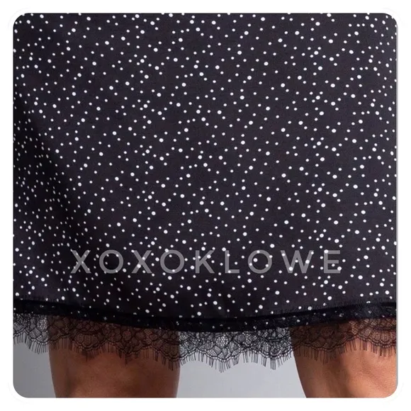 POL Black Satin Polka Dot Lace Trimmed Midi Skirt