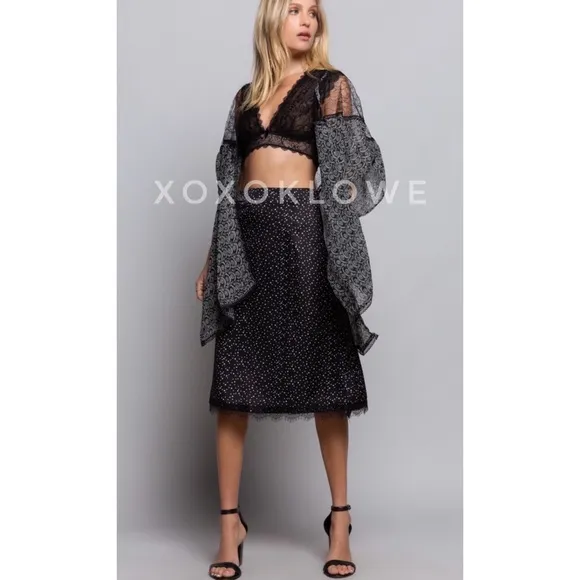 POL Black Satin Polka Dot Lace Trimmed Midi Skirt