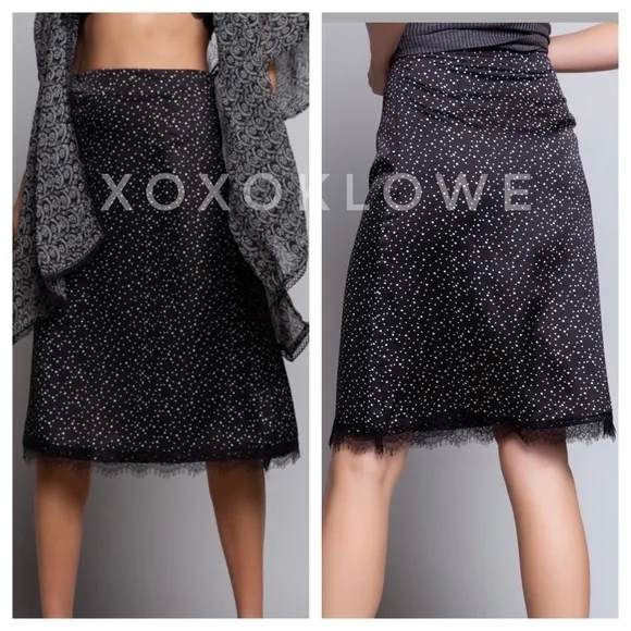 POL Black Satin Polka Dot Lace Trimmed Midi Skirt