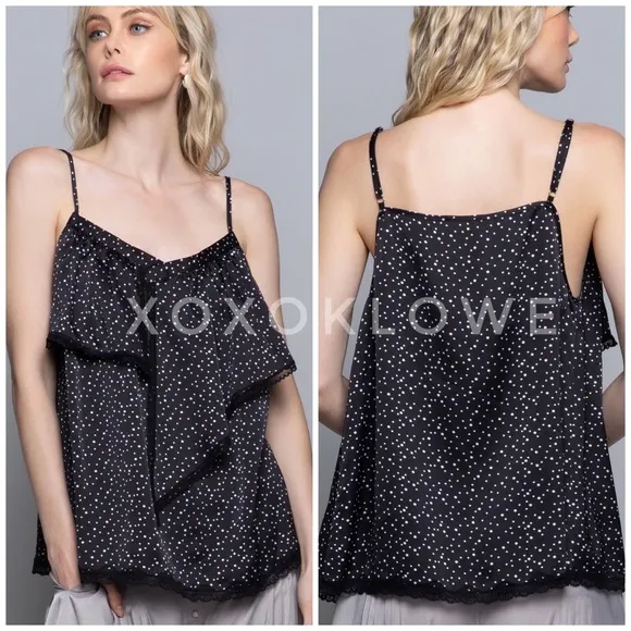 POL Black Satin Polka Dot Lace Trimmed Midi Skirt