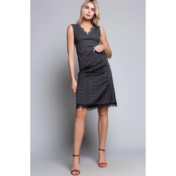 POL Black Satin Polka Dot Lace Trimmed Midi Skirt