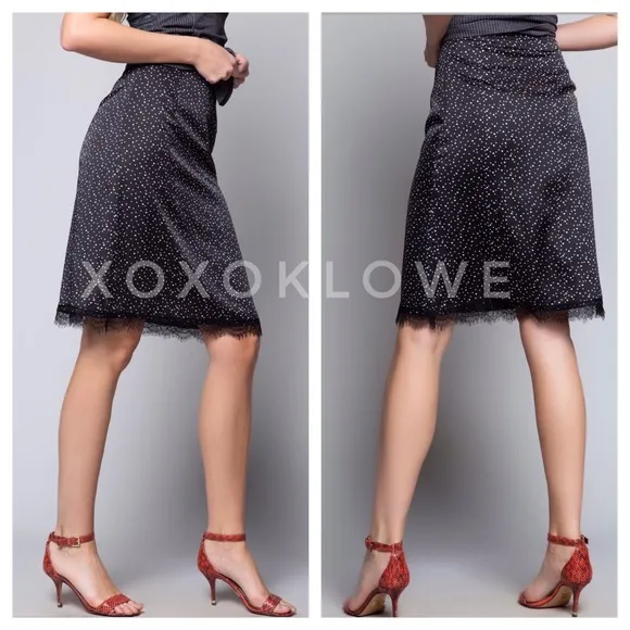 POL Black Satin Polka Dot Lace Trimmed Midi Skirt