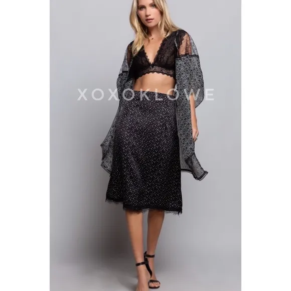 POL Black Satin Polka Dot Lace Trimmed Midi Skirt