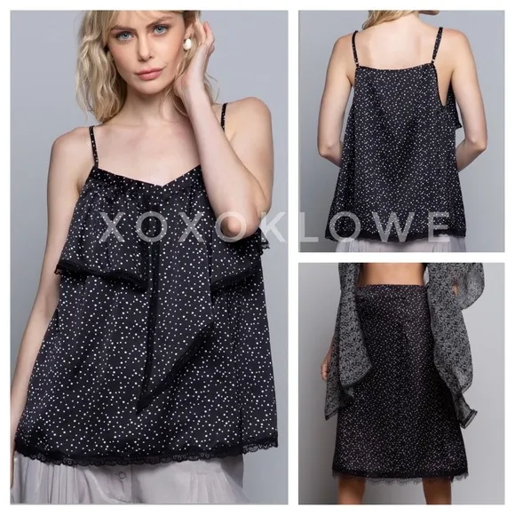 POL Black Satin Polka Dot Lace Trimmed Midi Skirt