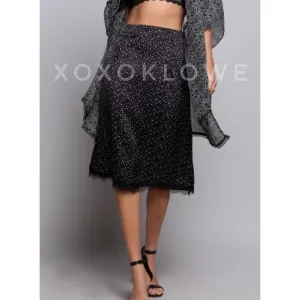 POL Black Satin Polka Dot Lace Trimmed Midi Skirt