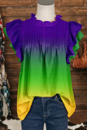 Pretty Mardi Gras Ruffled Sleeve Paneled Pleated Blouse