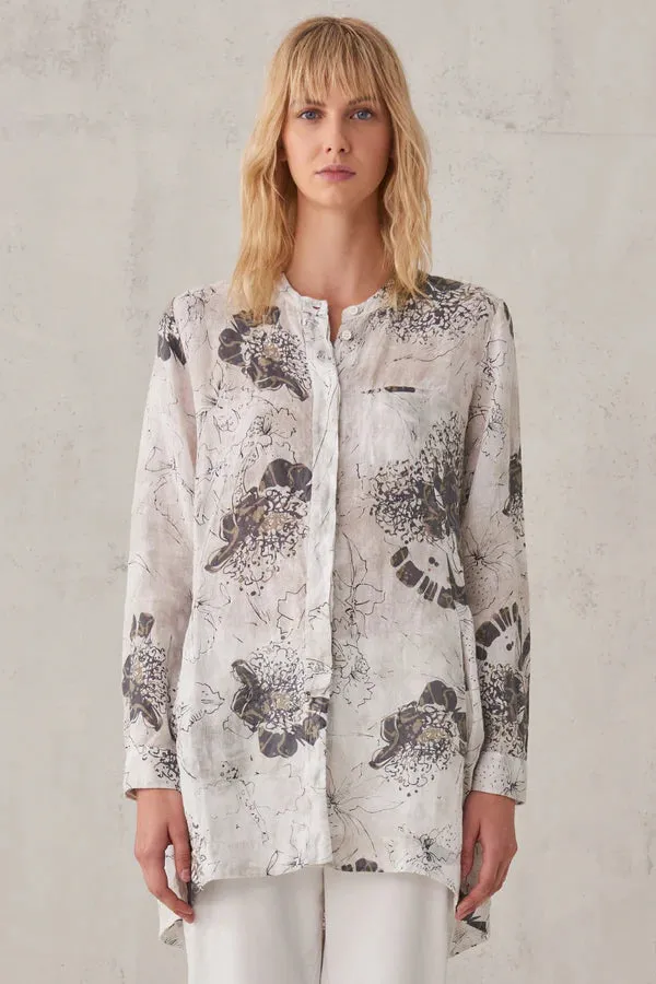 Printed Linen Mandarin Collar Shirt - White