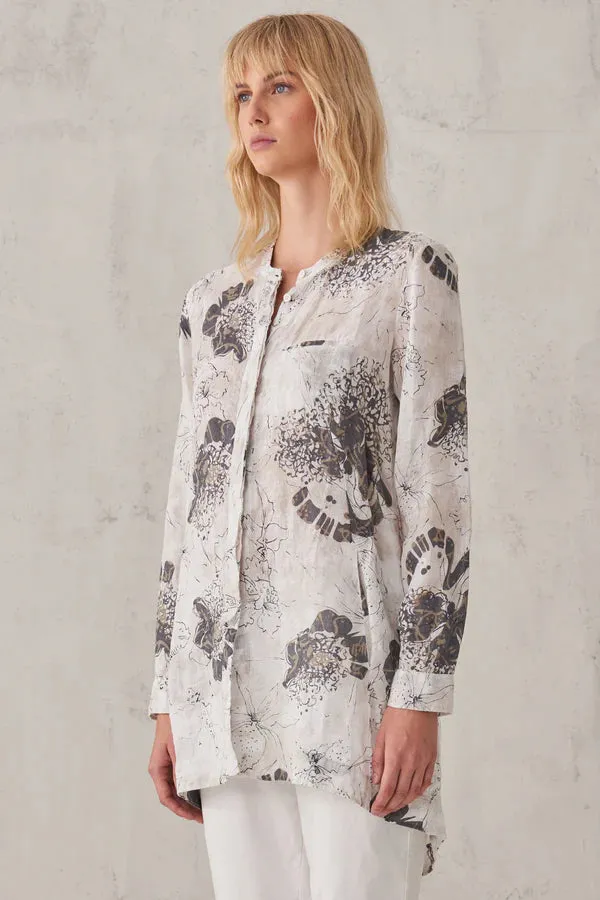 Printed Linen Mandarin Collar Shirt - White