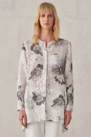 Printed Linen Mandarin Collar Shirt - White