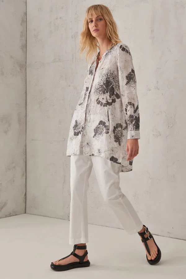Printed Linen Mandarin Collar Shirt - White
