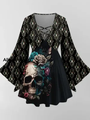 Punk Skull Art Print V-Neck Long Sleeve Top