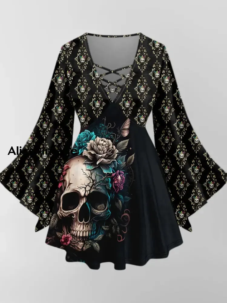 Punk Skull Art Print V-Neck Long Sleeve Top