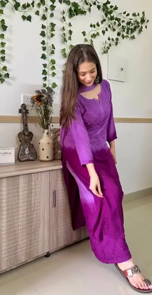 Purple Chikankari Rayon Kurti Palazzo Set With Dupatta