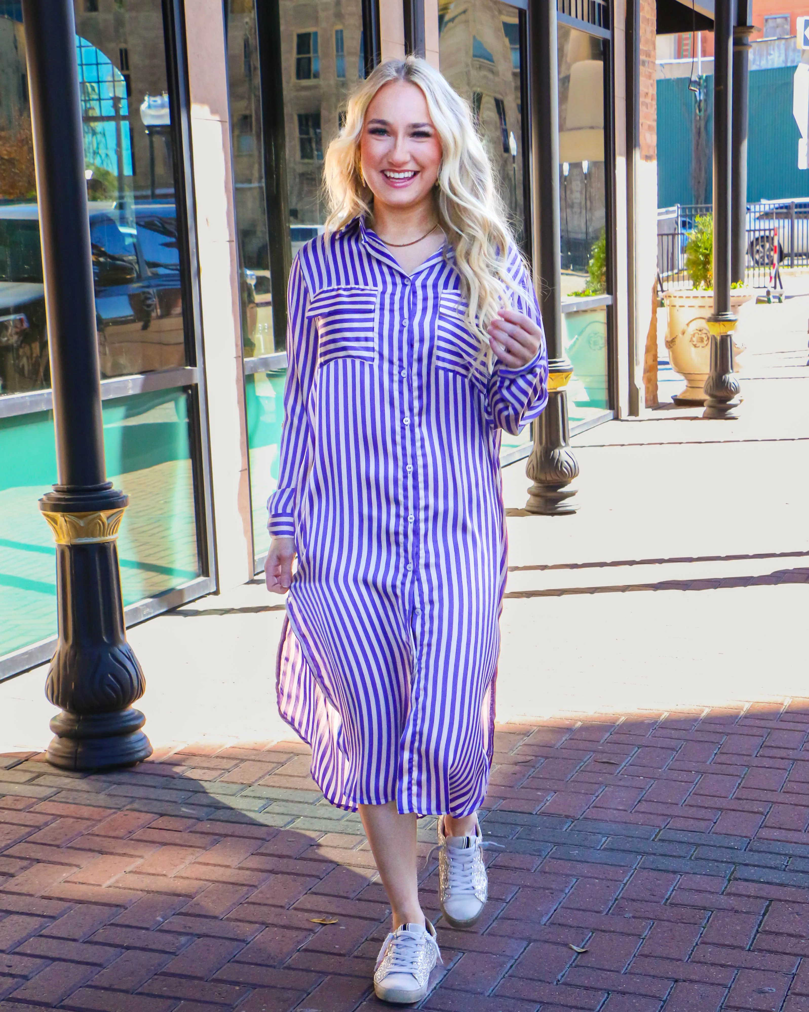 Purple Stripe Abstract Print Collared Dress