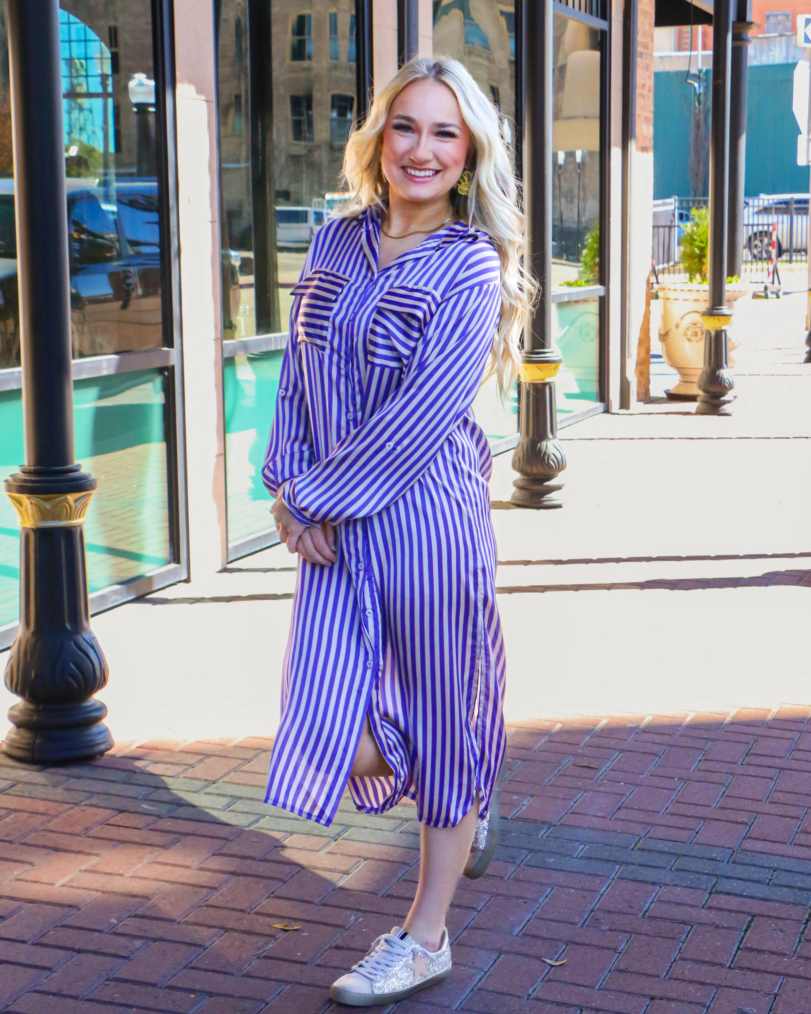 Purple Stripe Abstract Print Collared Dress