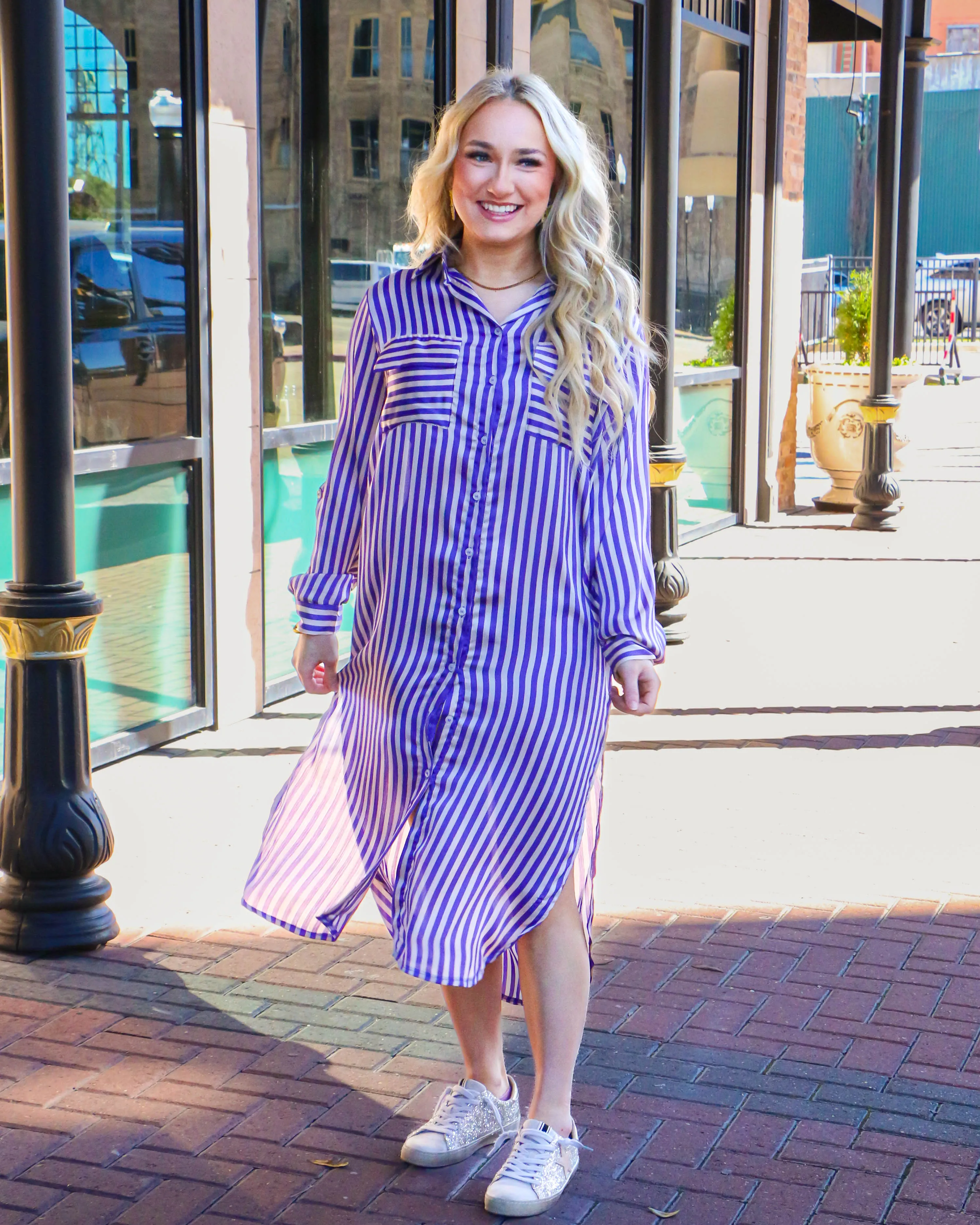 Purple Stripe Abstract Print Collared Dress