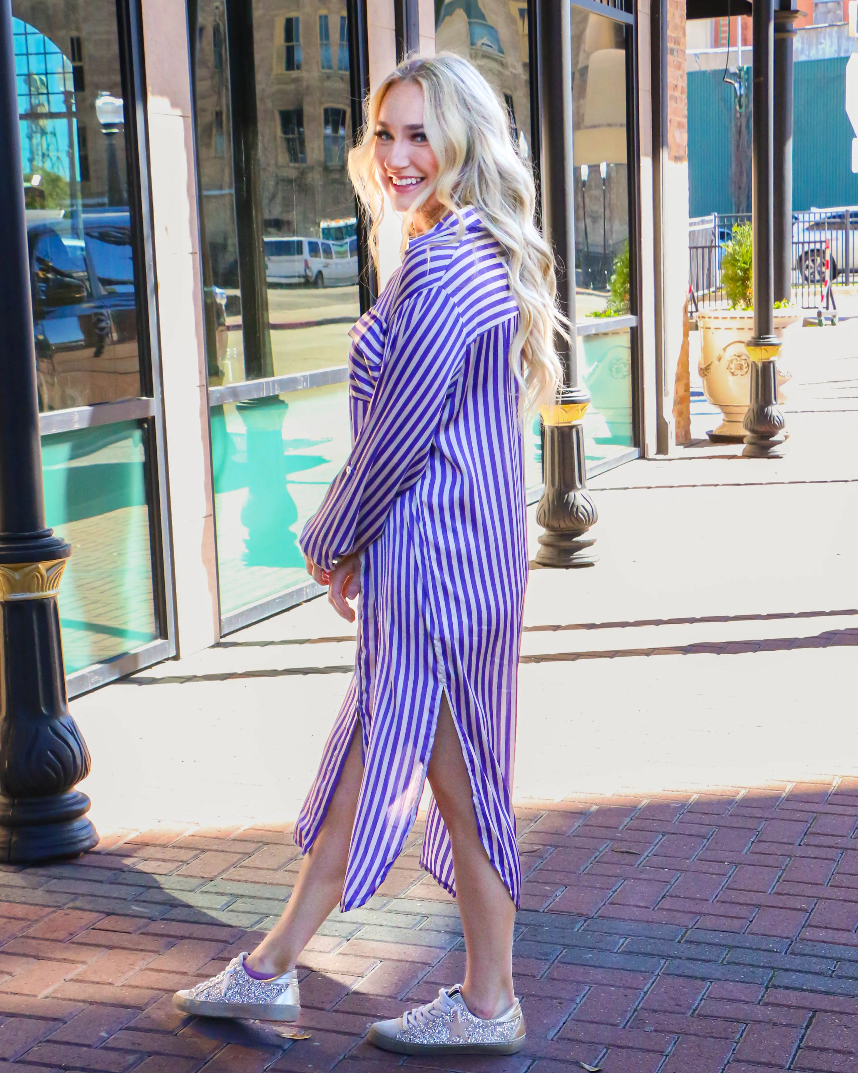 Purple Stripe Abstract Print Collared Dress