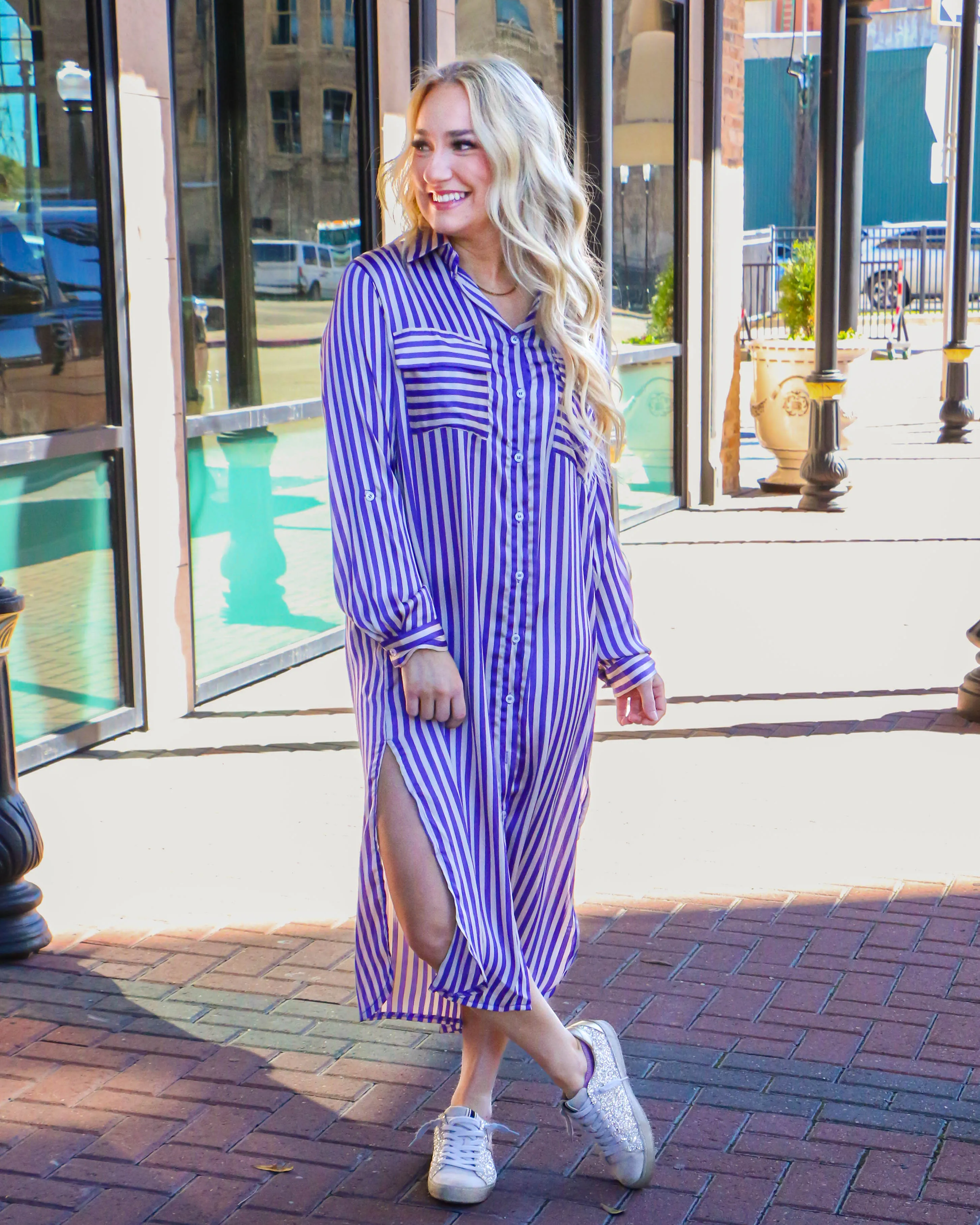 Purple Stripe Abstract Print Collared Dress