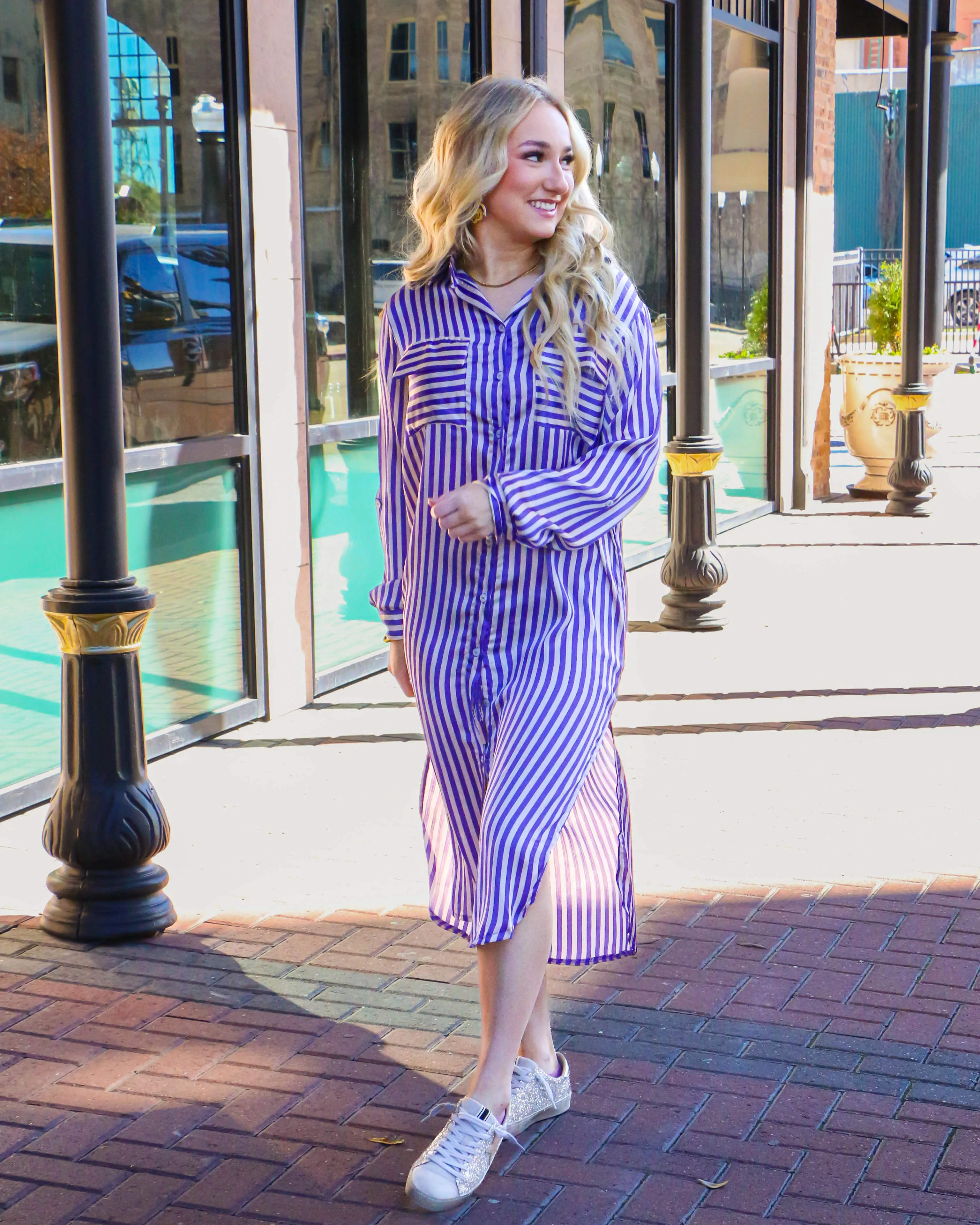 Purple Stripe Abstract Print Collared Dress