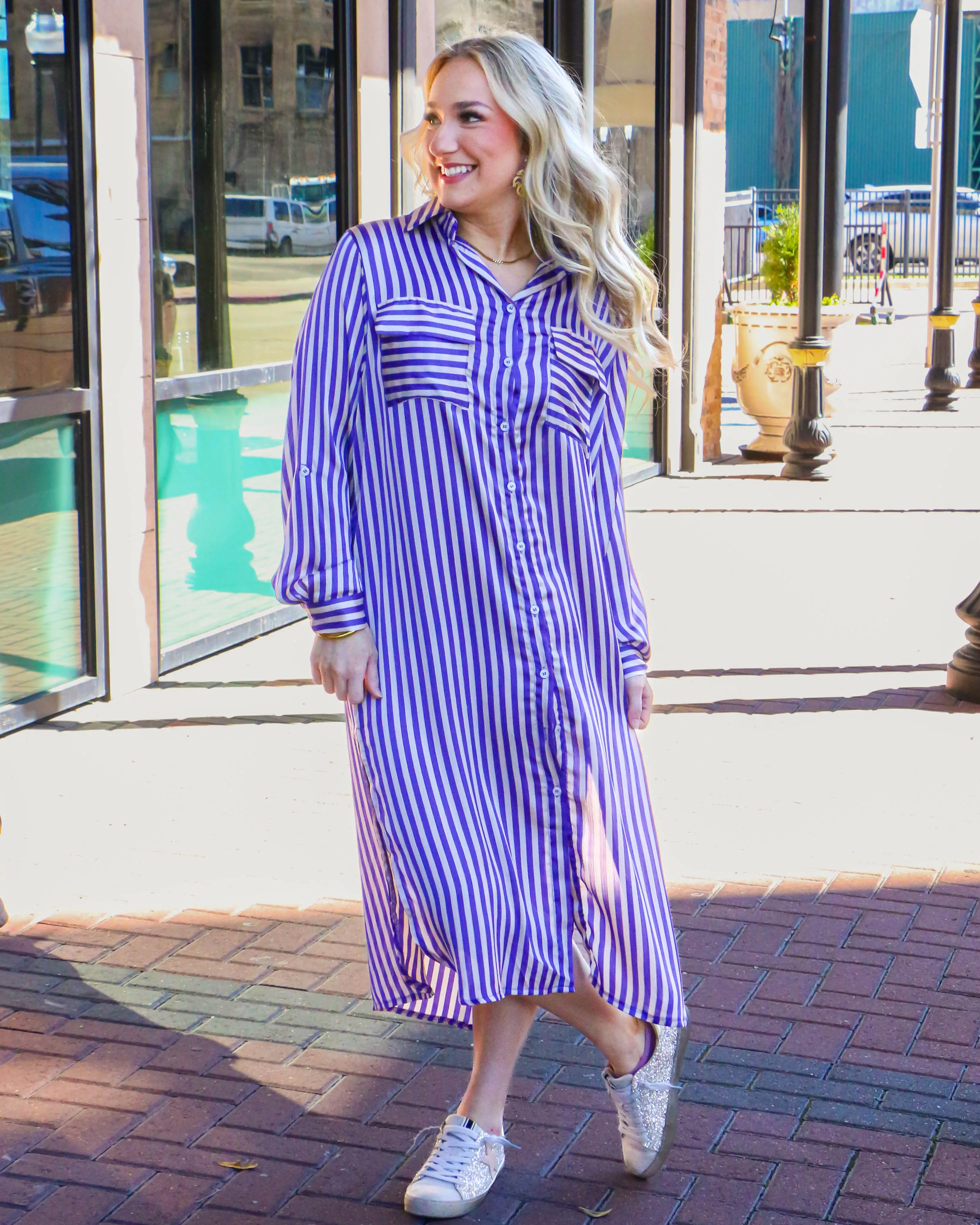 Purple Stripe Abstract Print Collared Dress