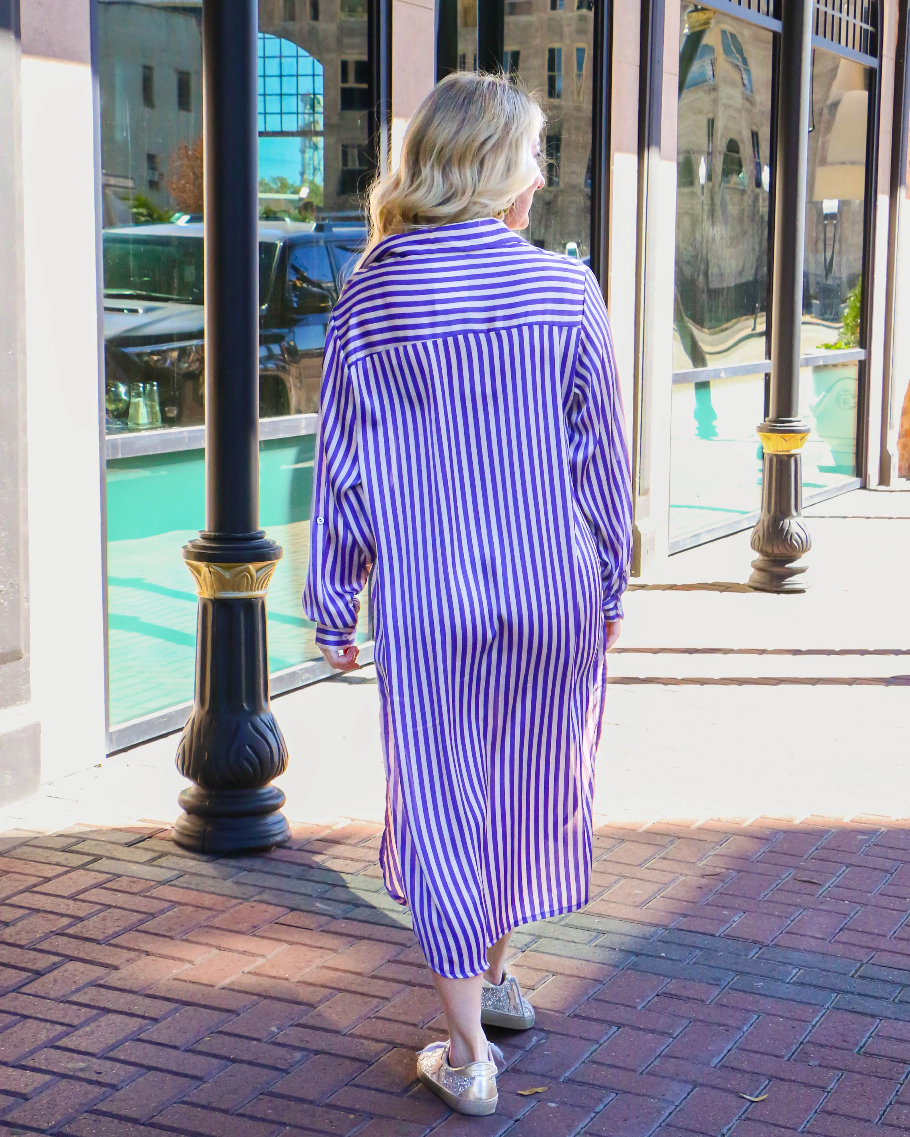 Purple Stripe Abstract Print Collared Dress