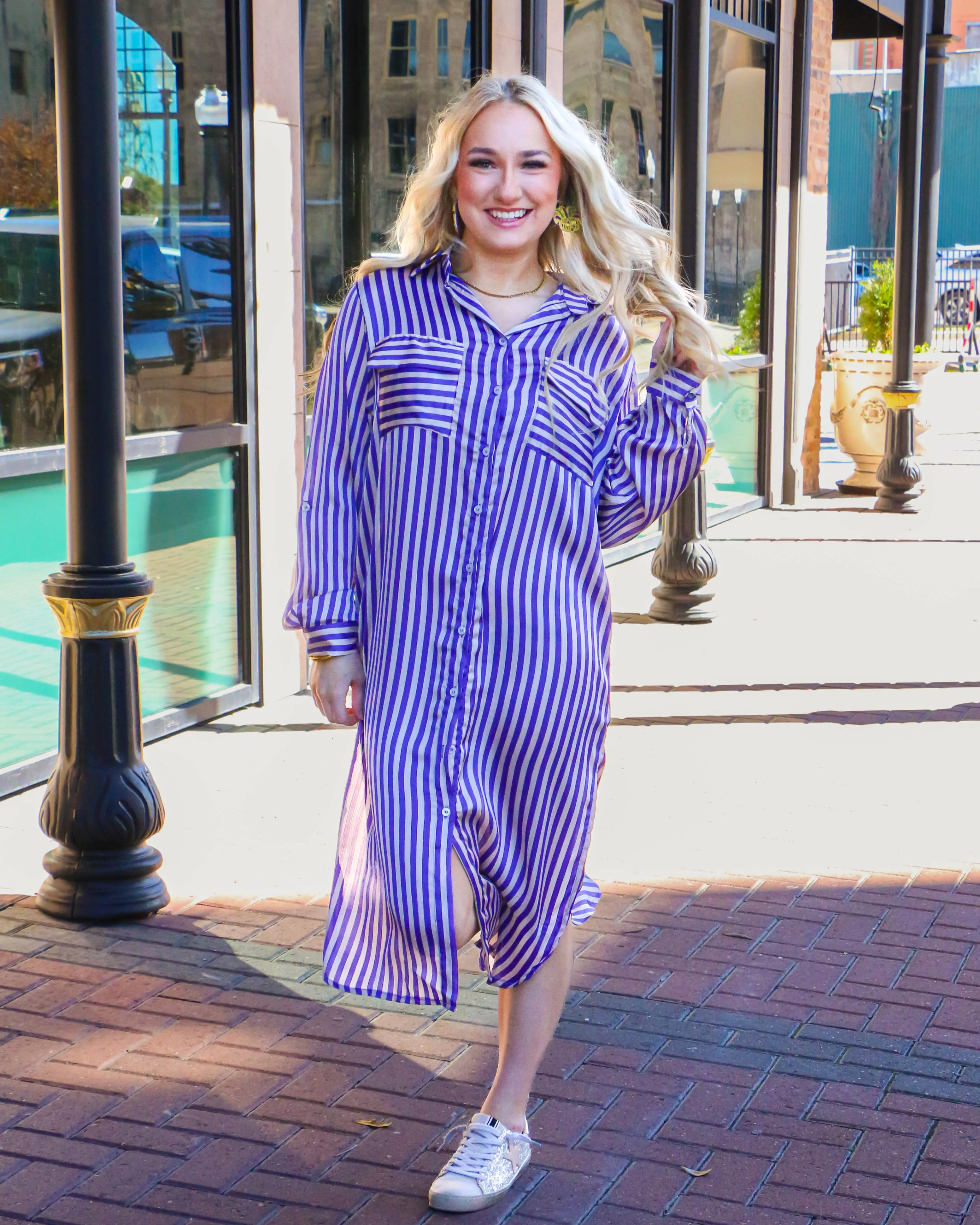 Purple Stripe Abstract Print Collared Dress