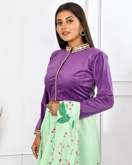Purple Velvet Crop Top Style Blouse