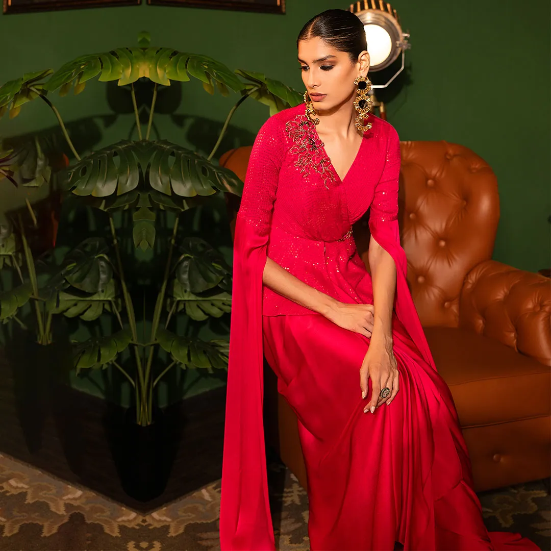 Rani Pink Long Sleeves Flared Tunic And Skirt Set