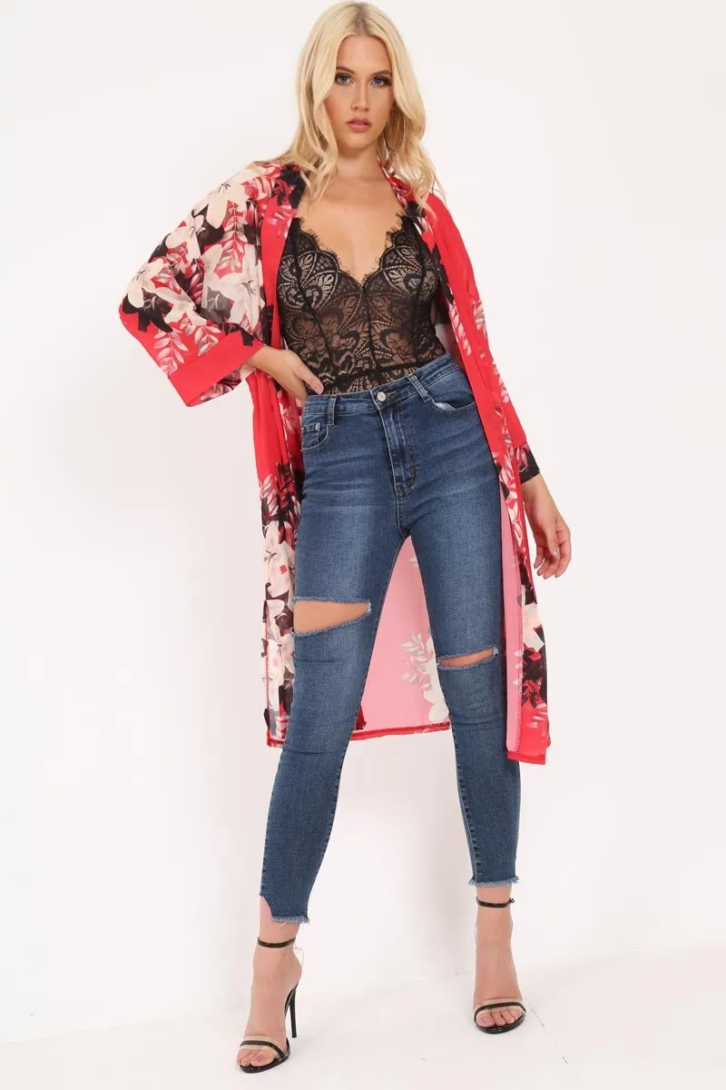 Red Chiffon Floral Kimono - Suriah