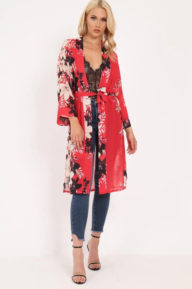 Red Chiffon Floral Kimono - Suriah