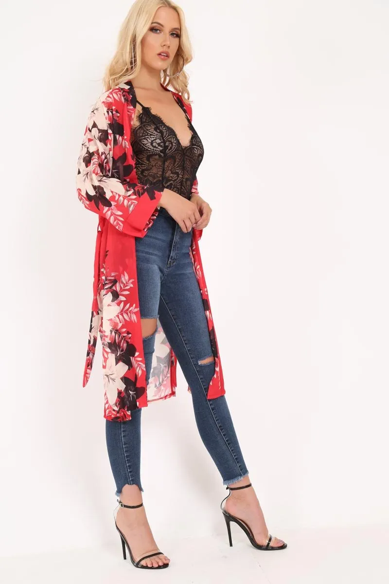 Red Chiffon Floral Kimono - Suriah
