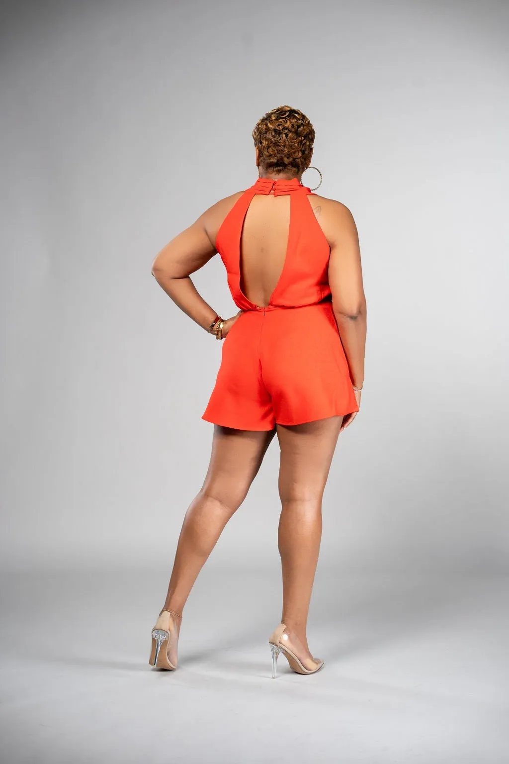 Red Open Back Halter Romper