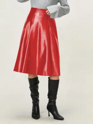 Red Pu Flared Midi Skirt