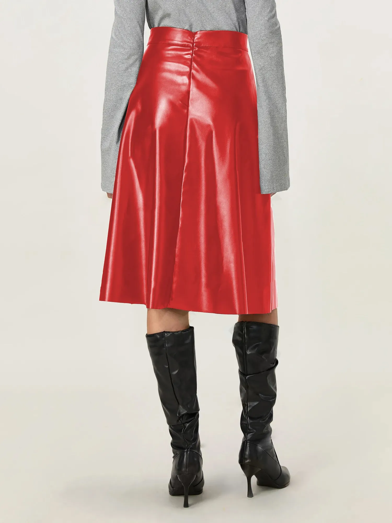 Red Pu Flared Midi Skirt