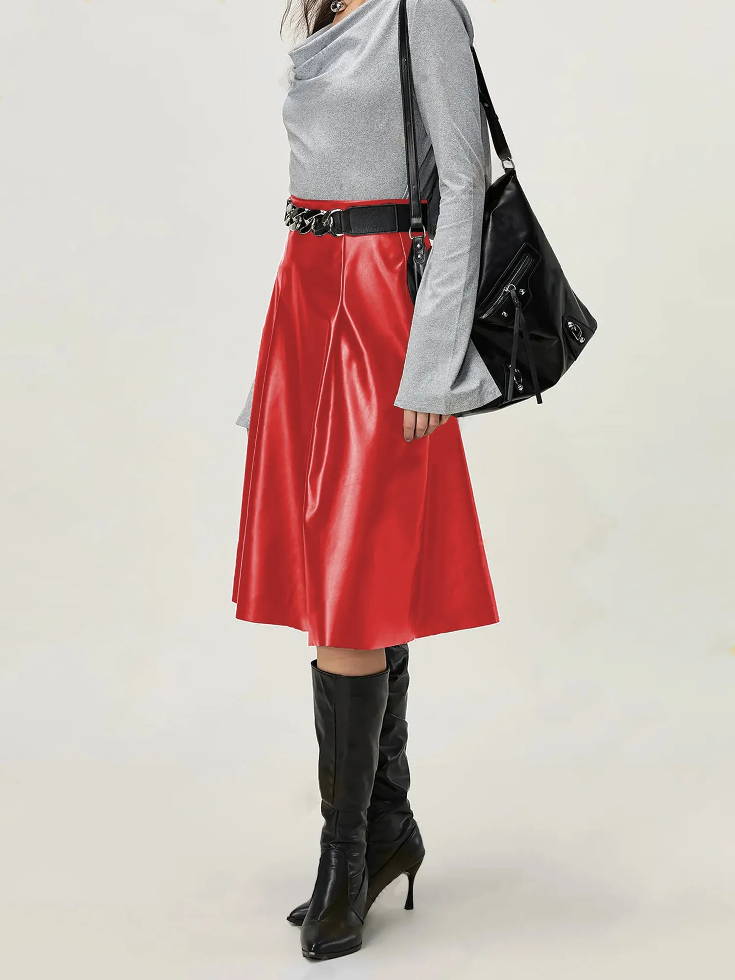 Red Pu Flared Midi Skirt