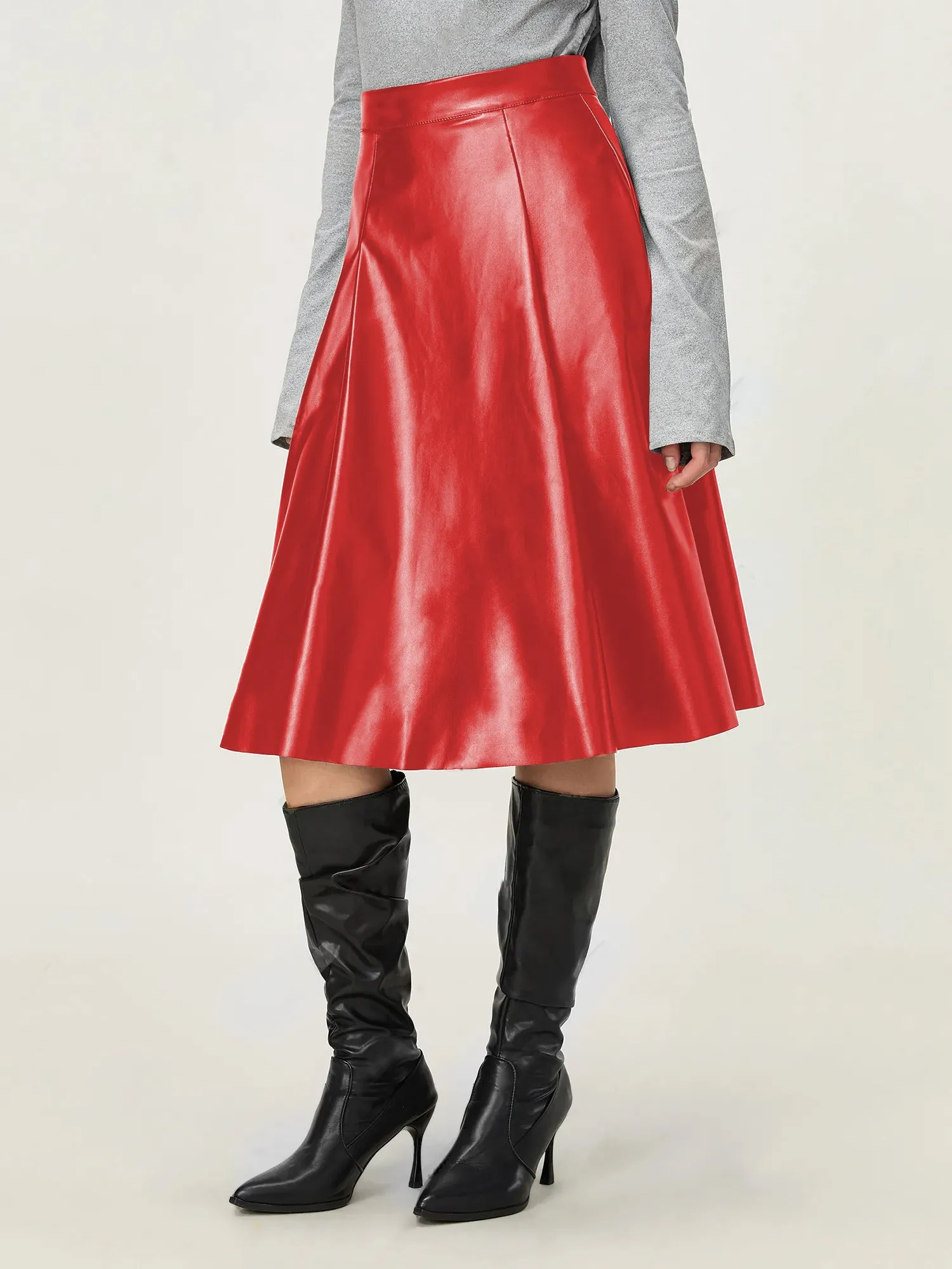 Red Pu Flared Midi Skirt