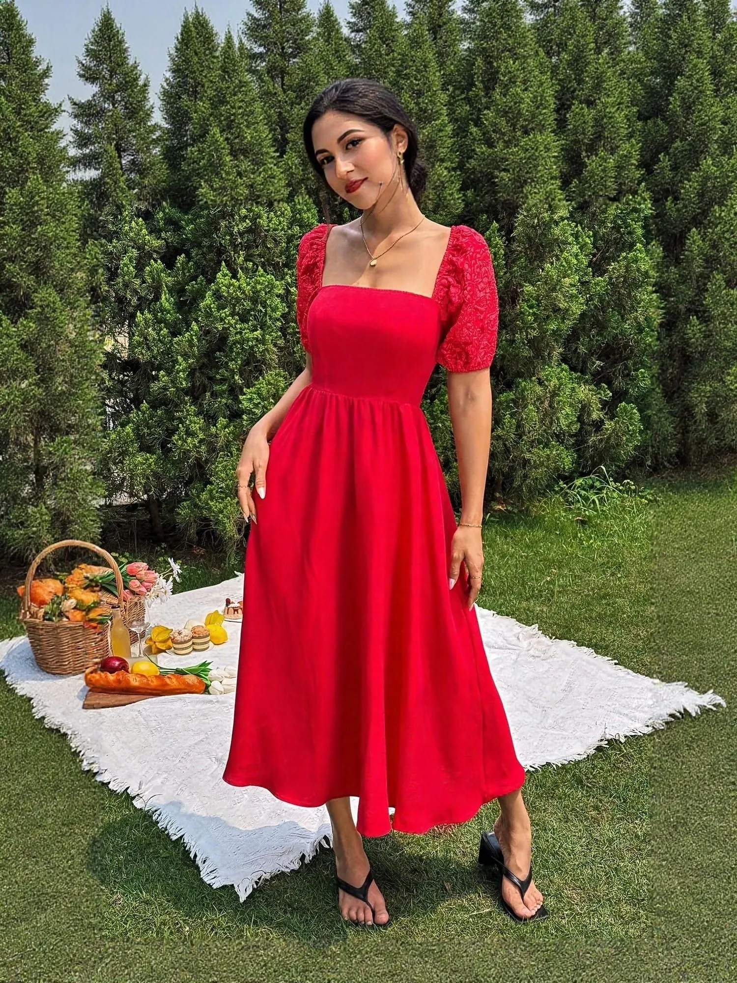 Red Smocked Midi Dress