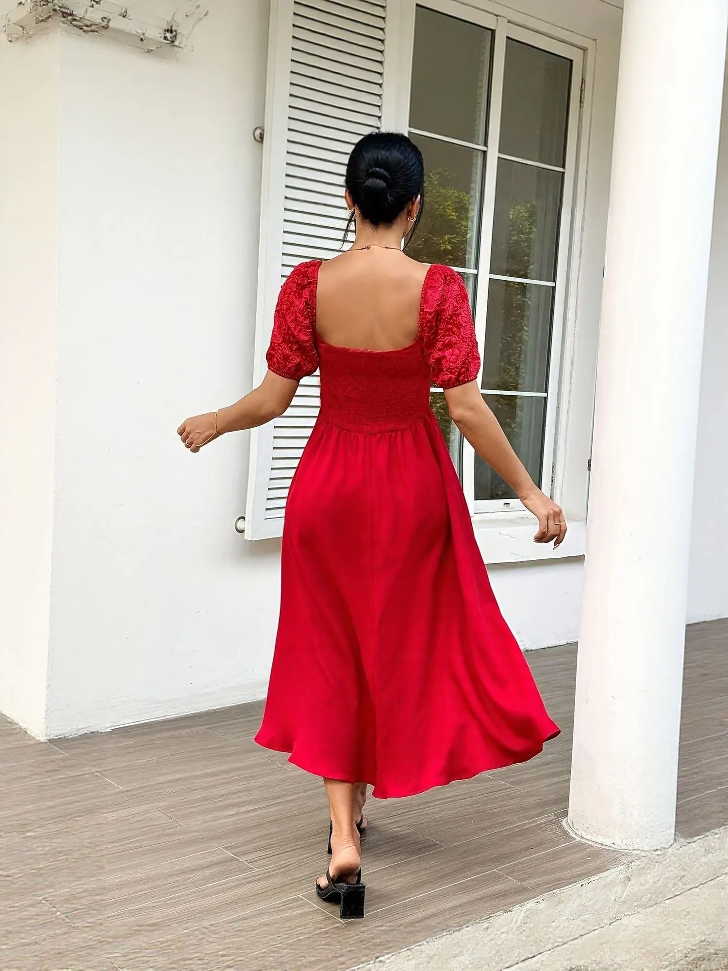 Red Smocked Midi Dress
