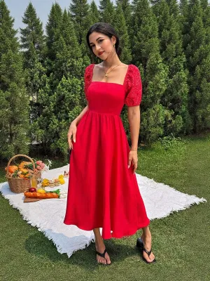 Red Smocked Midi Dress