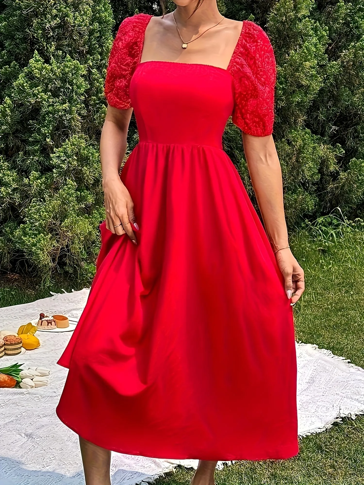 Red Smocked Midi Dress